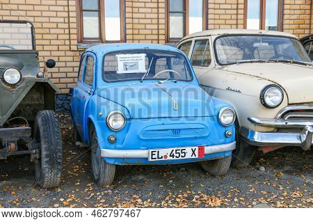 Tatarstan, Russia - October 14, 2021: Old Soviet Minicar Zaz-965 Zaporozhets At An Intercity Road.