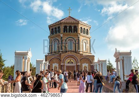 Kykkos, Cyprus - August 18, 2022: Tourists Visiting Throni Of Panagia Kykkou At Kykkos Monastery