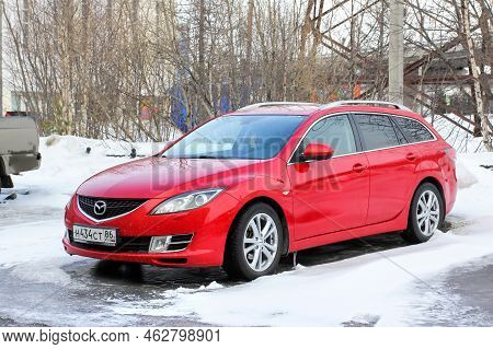 Novyy Urengoy, Russia - April 7, 2019: Red Estate Car Mazda 6 In The City Street.