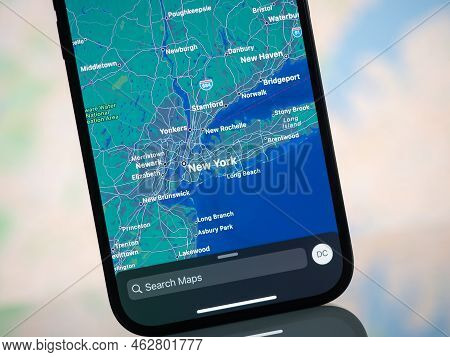 Galati, Romania - October, 03 2022: Apple Maps With New York On An Iphone 14 Pro. Apple Maps Is A Se