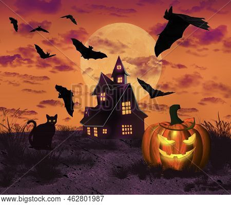 Beautiful Idea Of A Magical Halloween Haunted House With Jack O Lanterns , Swirling Bats In The Moon