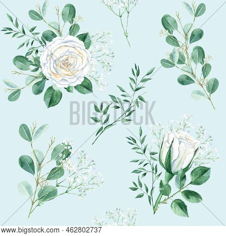 Seamless Pattern With White Roses, Gypsophila, Eucalyptus And Pistachio Branches On Blue Background.