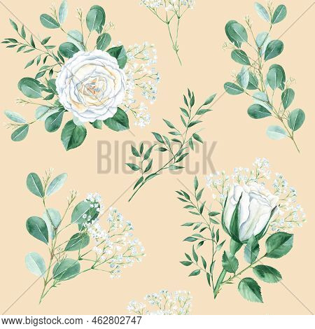 Seamless Pattern With White Roses, Gypsophila, Eucalyptus And Pistachio Branches On Beige Background