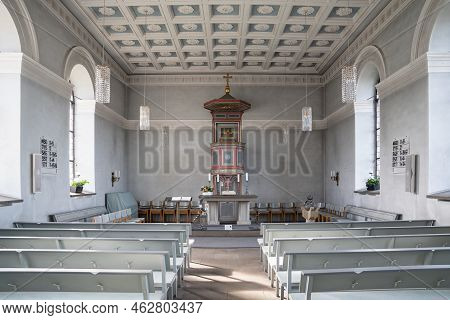 Kuerten, Germany - February 13, 2022: View Throught The Main Aisle Of The Delling Church On February