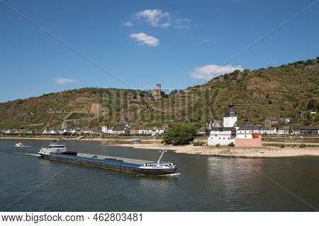 Kaub, Germany - August 13, 2022: Inland Navigation Vessels Passing Kaub On The Rhine River On August