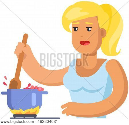 Nice Cartoon Woman In Apron Cooking Foof On Gas Stove. Mother In Kitchen Does Housework, Cooks Soup 