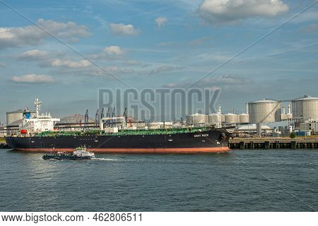 Rotterdam, Netherlands - July 11, 2022: Kriti Rock Oil Tanker Being Processed At Quay In Front Of Oi