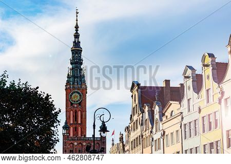Town Hall Tower And Main Pedestrian Street In The Old City Center Of Gdansk, Poland.