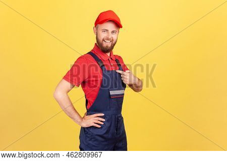 Side View Of Proud Successful Worker Man Standing And Pointing At Himself, Bragging About The Result