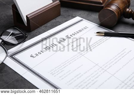 Last Will And Testament With Pen On Grey Table, Closeup