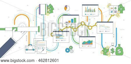 Hand With Lunette Analyzing Investment Charts And Business Icons. Business Prediction And Vision Con