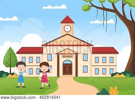Students Leave School Building After Class Or Program And Back To Home In Template Hand Drawn Cartoo