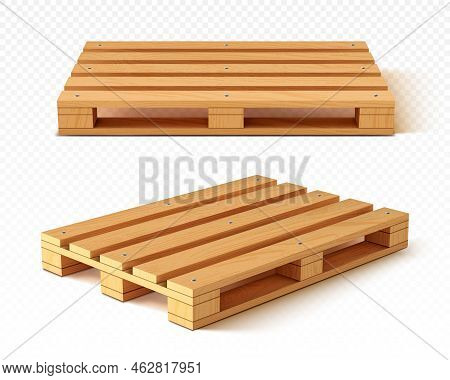 Wooden Pallet Front And Angle View. Wood Trays For Cargo Loading And Transportation. Freight Deliver