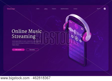 Online Music Streaming Service Isometric Landing Page. Playlist In Smartphone Audio Player Applicati