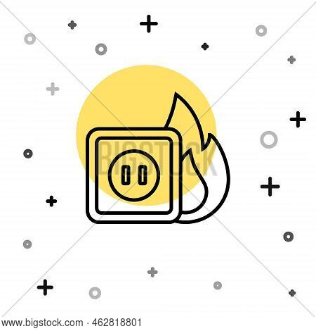 Black Line Electric Wiring Of Socket In Fire Icon Isolated On White Background. Electrical Safety Co