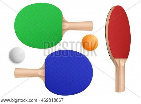 Ping Pong Rackets And Balls, Table Tennis Equipment In Top And Perspective View. Vector Realistic Se