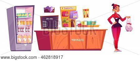 Konbini, Convenience Store Furniture And Woman Seller Isolated On White Background. Vector Cartoon S