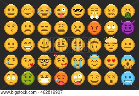Pixel Emoji, Emoticon Smiles And 8 Bit Face Icons, Vector Happy, Sad And Angry Set. Pixel Emoji Or C