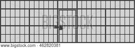 Prison Cage With Locked Door, Jail Cell Wall With Black Metal Bars. Detailed Iron Fence And Doorway,