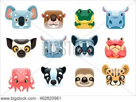 Cartoon Kawaii Square Animal Faces, Emoticons Smiles And Emoji Vector Icons. Happy Cute Kawaii Anima
