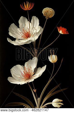 The Unique Desert Apache Plume Flowers On A Black Background. Artistic Illustration.