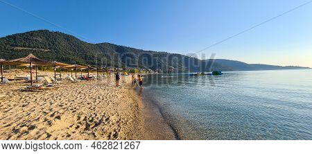 Thassos, Greece - August 19, 2022: Panorama With The Golden Beach (skala Potamia) During A Sunny Sum