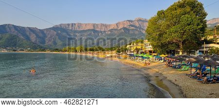 Thassos, Greece - August 19, 2022: Panorama With The Golden Beach (skala Potamia) During A Sunny Sum