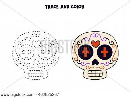 Trace And Color Hand Drawn Skull. Worksheet For Kids.