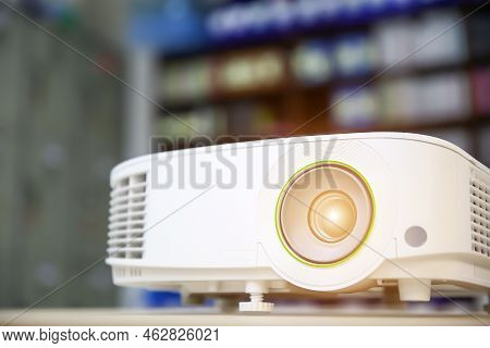 Close-up Computer Projector On Table Boardroom Or Meeting Room Technology Equipment Of Visual Or Vis
