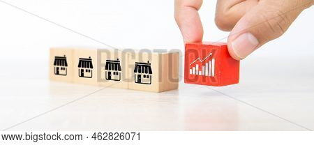 Franchise Or Franchising, Hand Choose Cube Wooden Toy Block Stack With Graph And Franchises Business