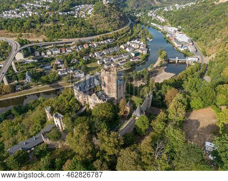 Aerial View Lahneck Castle At Lahn River Valley By City Lahnstein Near Koblenz In Germany Built 1226
