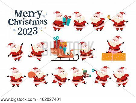 Santa Claus Different Characters Isolated Collection. Santa With Gift Box, Bell, Presents Sleigh And