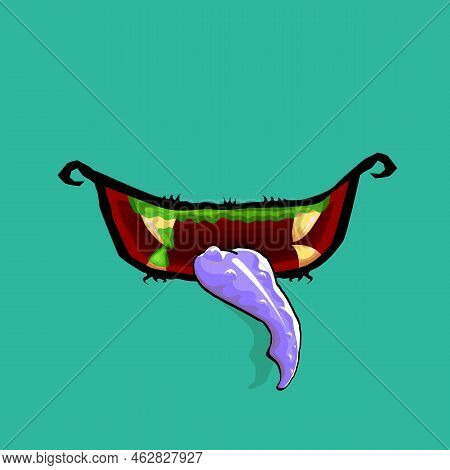 Vector Cartoon Funny Zombie Monster Open Mouth With Drooling Green Slime Isolated On Background. Vec