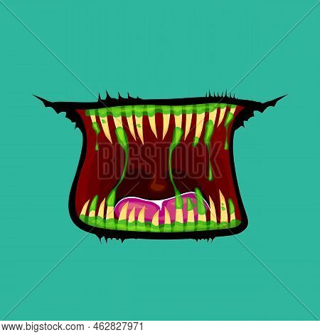 Vector Cartoon Funny Zombie Monster Open Mouth With Drooling Green Slime Isolated On Background. Vec