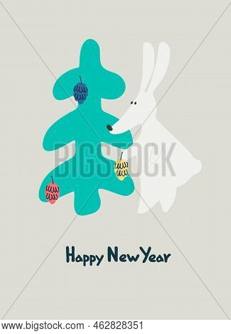 New Year Greeting Card With Water Rabbit, Zodiac Animal For 2023. Horoscope Bull And Hand-lettered G