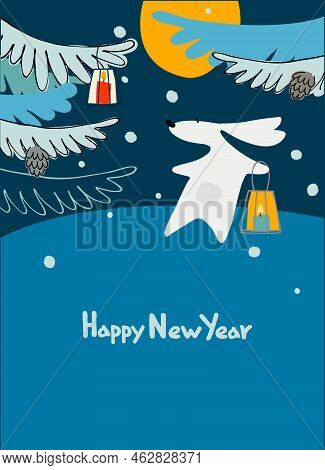 New Year Greeting Card With Water Rabbit, Zodiac Animal For 2023 In The Night Forest And Hand-letter