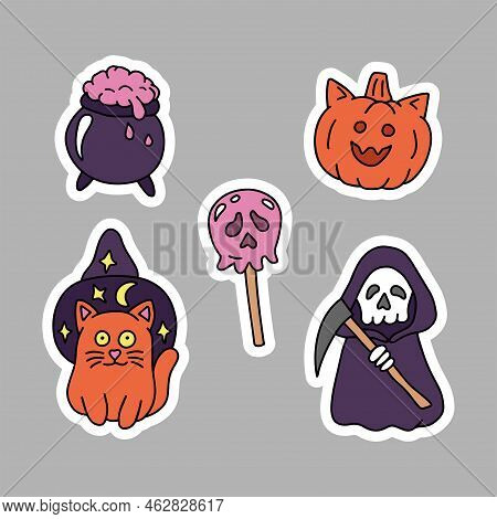 Isolated Pack Of Halloween Themed Stickers On Gray Background.
Red Cat, Witch's Cauldron.