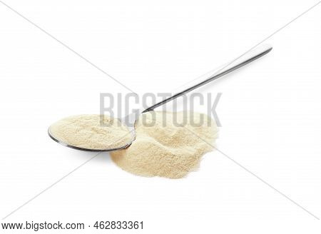 Spoon And Pile Of Agar-agar Powder On White Background