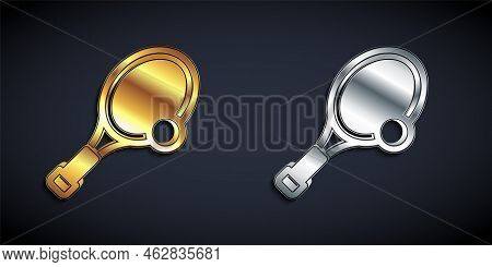 Gold And Silver Tennis Racket With Ball Icon Isolated On Black Background. Sport Equipment. Long Sha