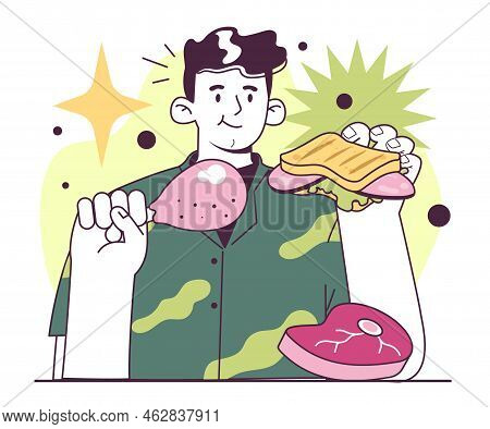 Man Eating Baked Chicken Leg, Ham Sandwich And Meat Steak. Meat-eating