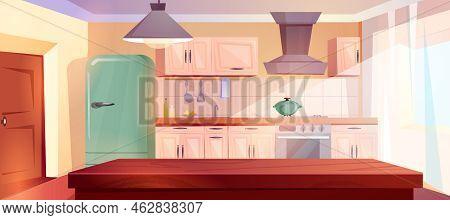 Cartoon Retro Kitchen Interior With Wooden Table, Furniture And Range Hood. Home Cooking Room With S