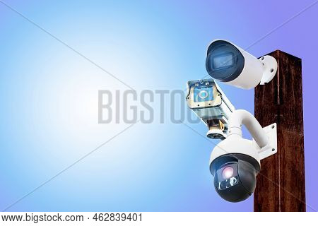 Multi-angle Cctv System On Wooden Poles, Background Blast Cipping Path