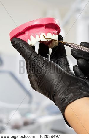 Dentists Hands With Layout Of Human Jaw And Midical Tool.