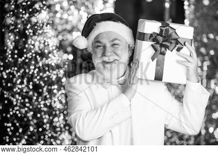 Happy Santa Claus. Joyful Present Well Remembered Past. Bearded Grandfather Man Celebrate Christmas.