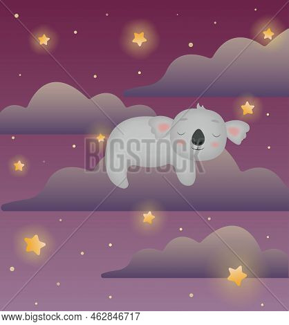 Cute Koala Sleeping On A Cloud. Night Starry Sky. Adorable Koala Bear Illustration For Baby Shower, 