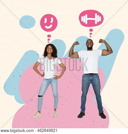 Healthy Doing Sport. Happy Fit Woman And Man. Fitness And Weight Loss, Training And Sports Concept. 