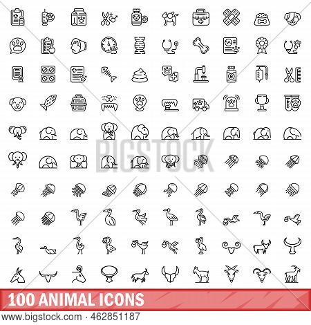 100 Animal Icons Set. Outline Illustration Of 100 Animal Icons Vector Set Isolated On White Backgrou