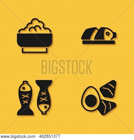 Set Rice In A Bowl, Chicken Egg With Vegerables, Served Fish On Plate And Fish Sliced Pieces Icon Wi