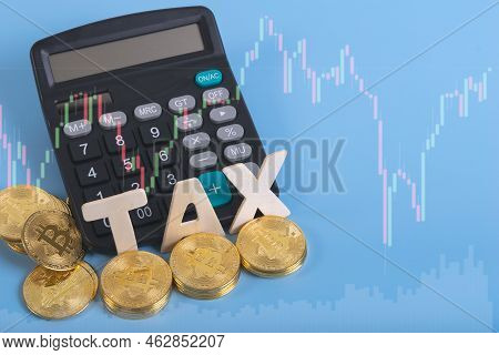 Tax Btc Cryptocurrency With Tax Wording On Bitcoin And Caculator On Stock Graph Yellow Background
