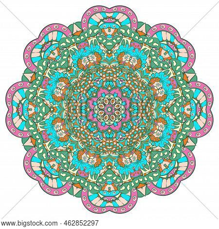 Mandala. Tracery Wheel Image. Mehndi Design. Ethnic Doodle Art. Curved Doodling Picture. Vector